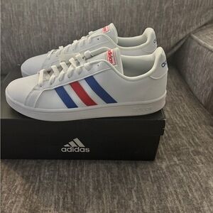 adidas White Sneakers with Blue and Red Stripes. Mens 8.5